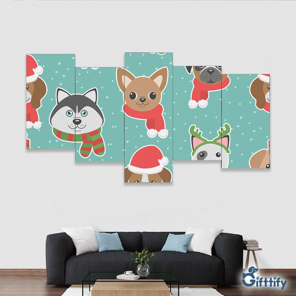 Cute Dog Christmas In Santa Clothing And Snow Framed Five-Piece Mural