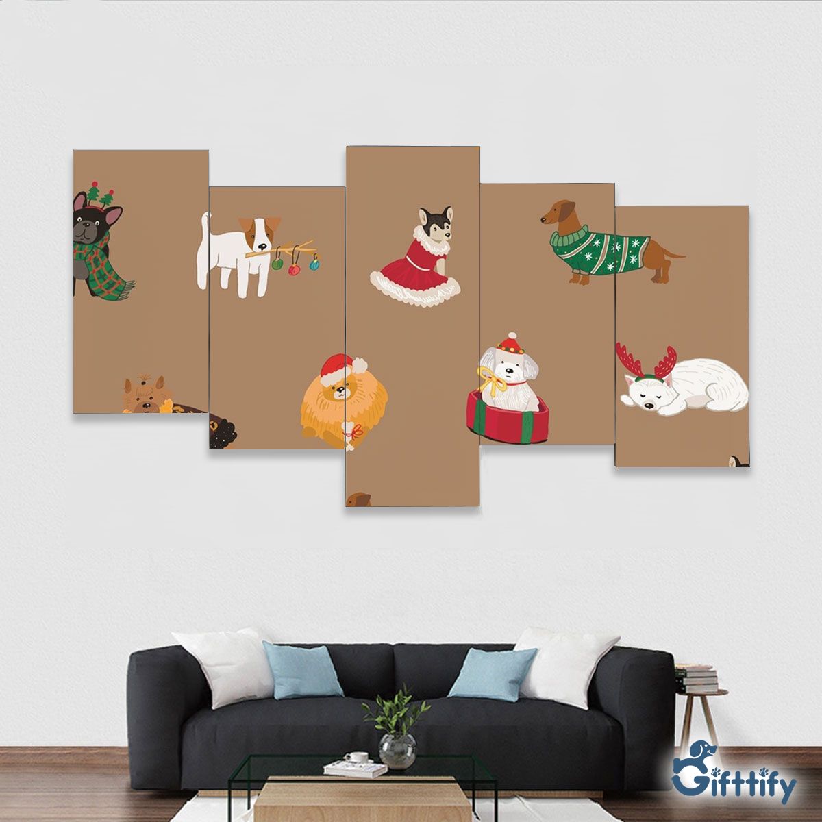 Cute Dog In Christmas Clothing Framed Five-Piece Mural