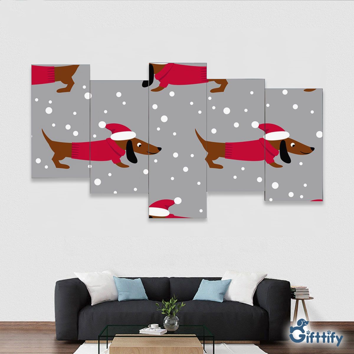 Dachshund Christmas In Santa Clothing With Snow Framed Five-Piece Mural