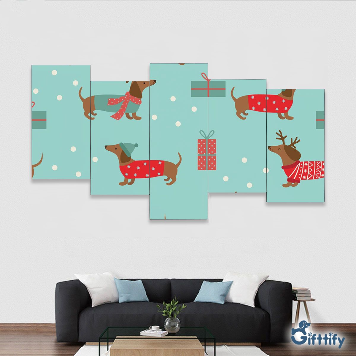 Funny Dachshund With Christmas Clothing And Santa Gifts Framed Five-Piece Mural