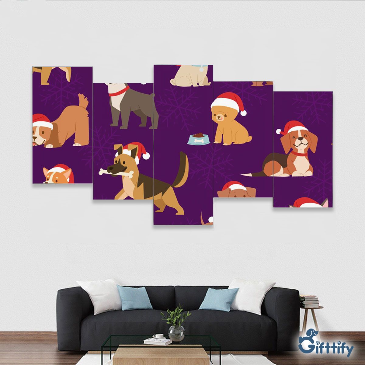 Funny Dogs Christmas With Santa Hat And Snow Framed Five-Piece Mural