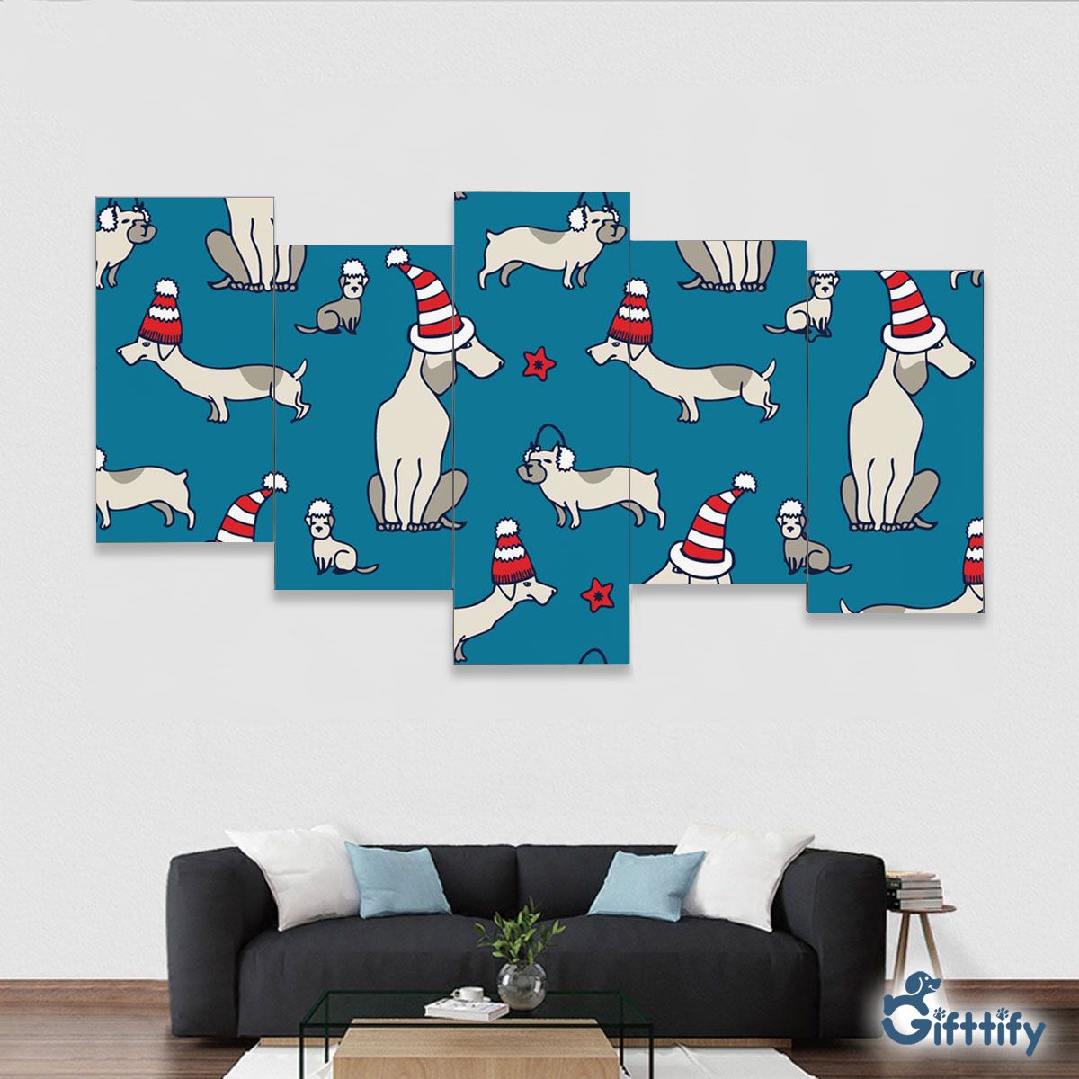 Funny Dogs Christmas With Santa Hat And Star Framed Five-Piece Mural