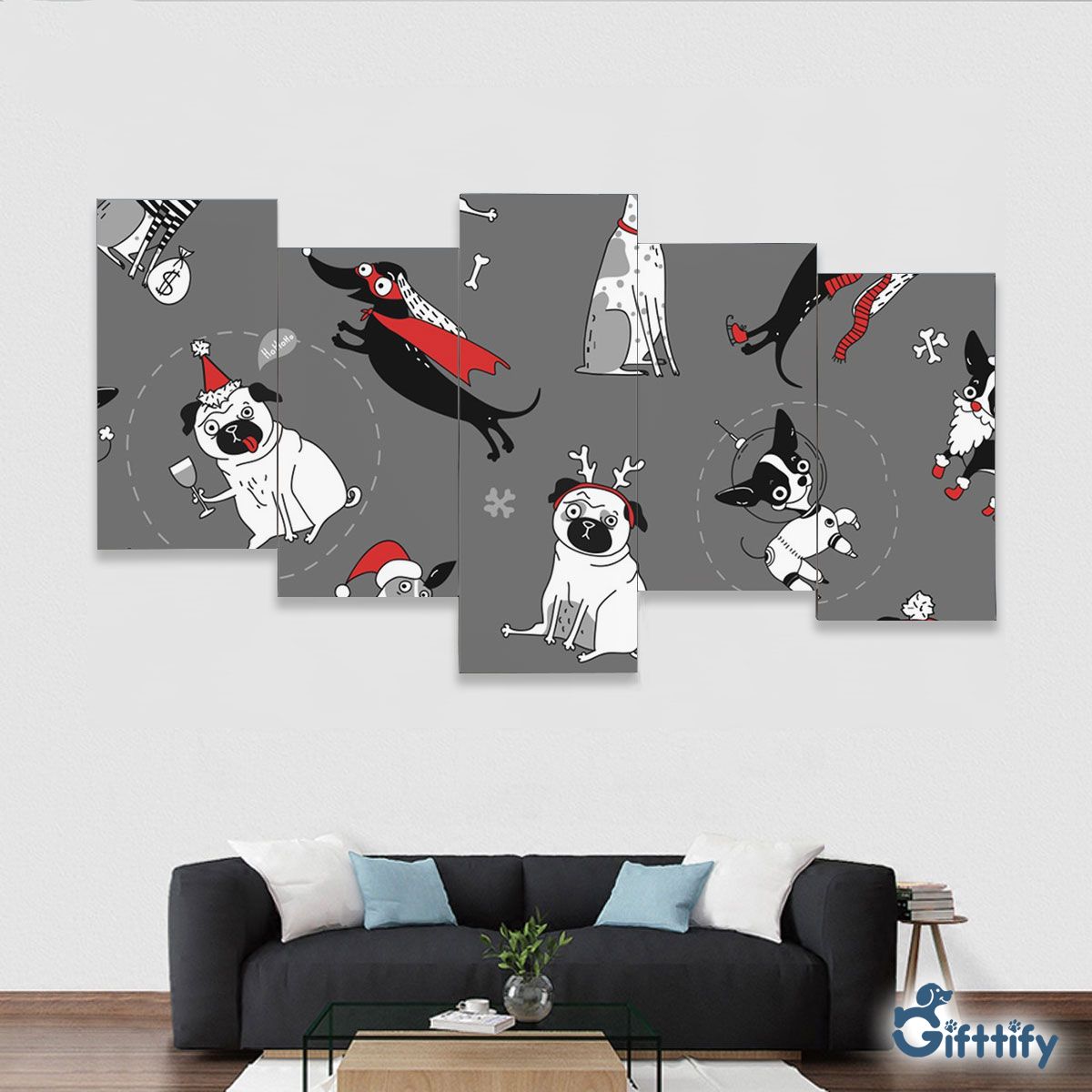 Funny Dogs With Christmas Clothing And Snow Framed Five-Piece Mural