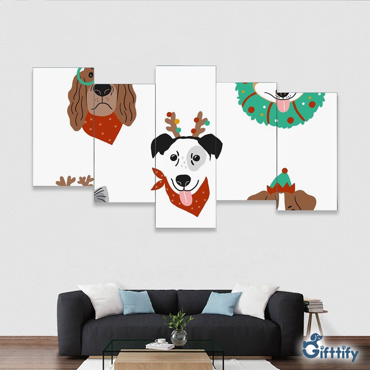 Funny Dogs With Christmas Clothing Seamless Pattern Framed Five-Piece Mural