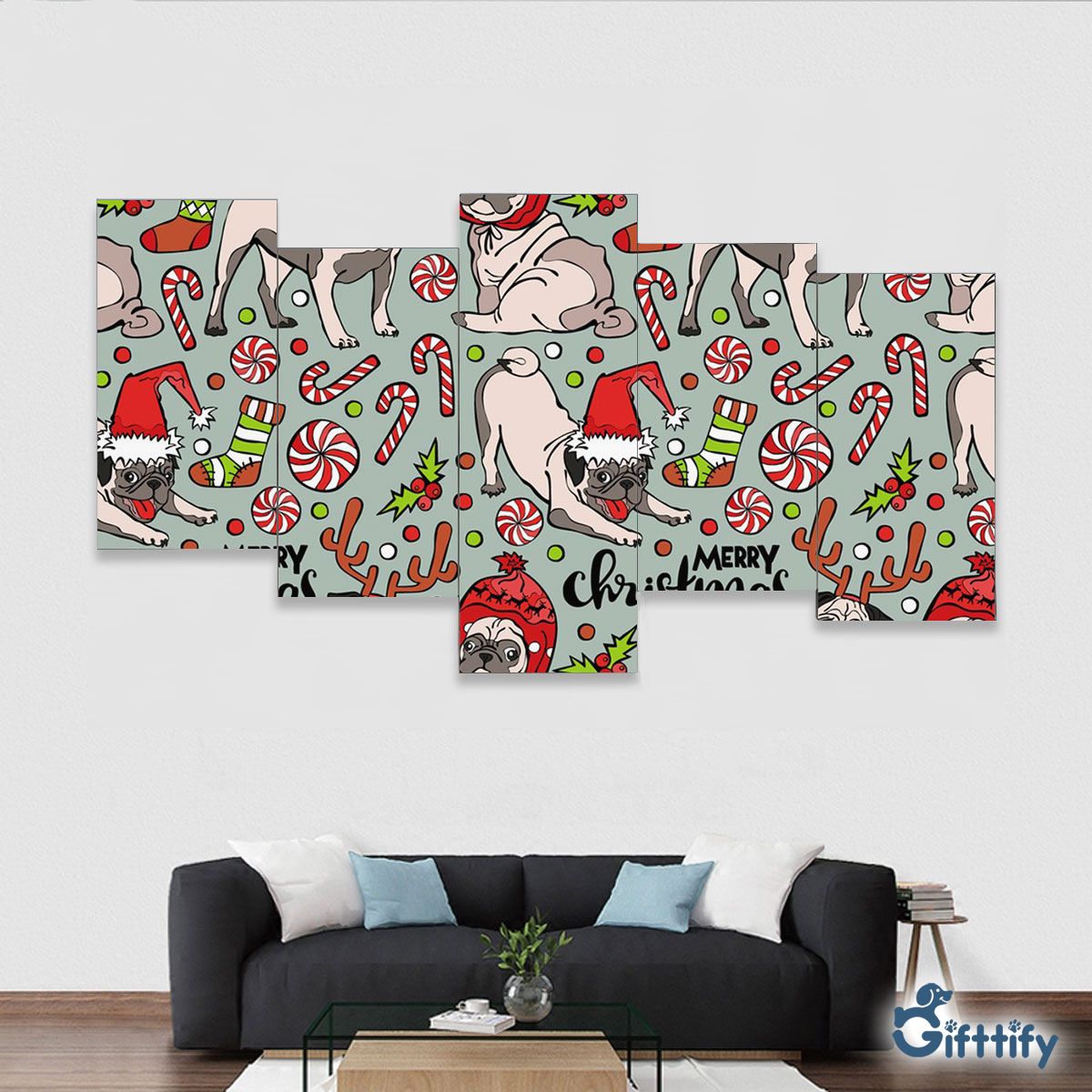 Funny Pug Chirtsmas With Candy Cane And Pine Tree Framed Five-Piece Mural