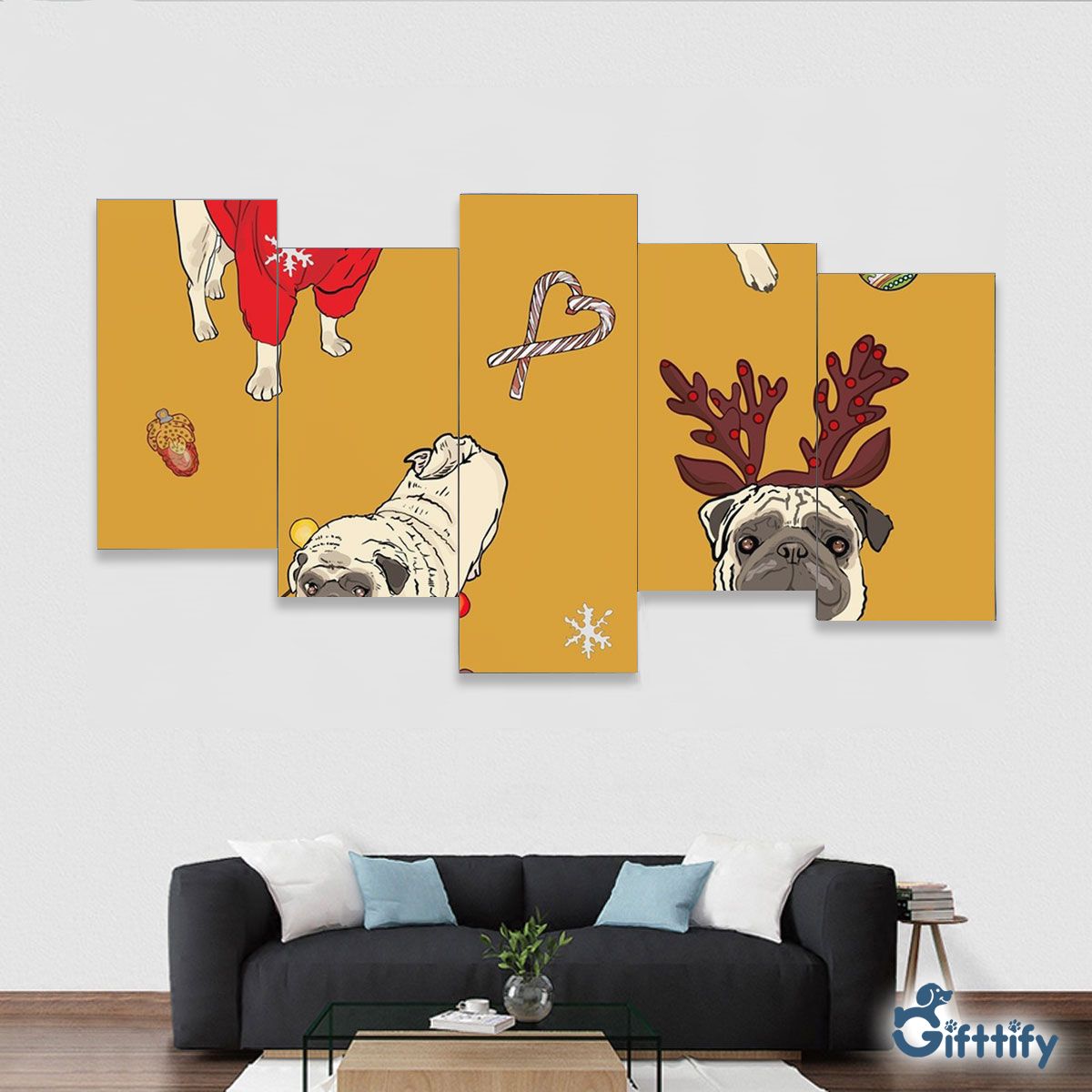 Funny Pug Christmas With Candy Cane And Santa Gift Framed Five-Piece Mural