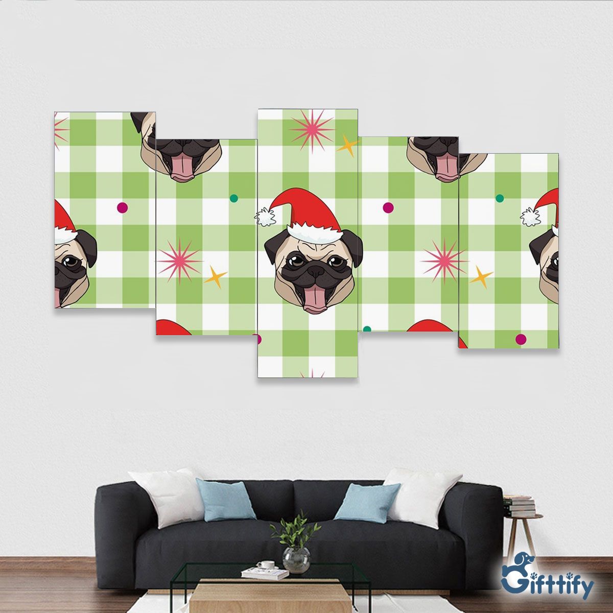 Funny Pug Christmas With Santa Hat And Tartan Background Framed Five-Piece Mural