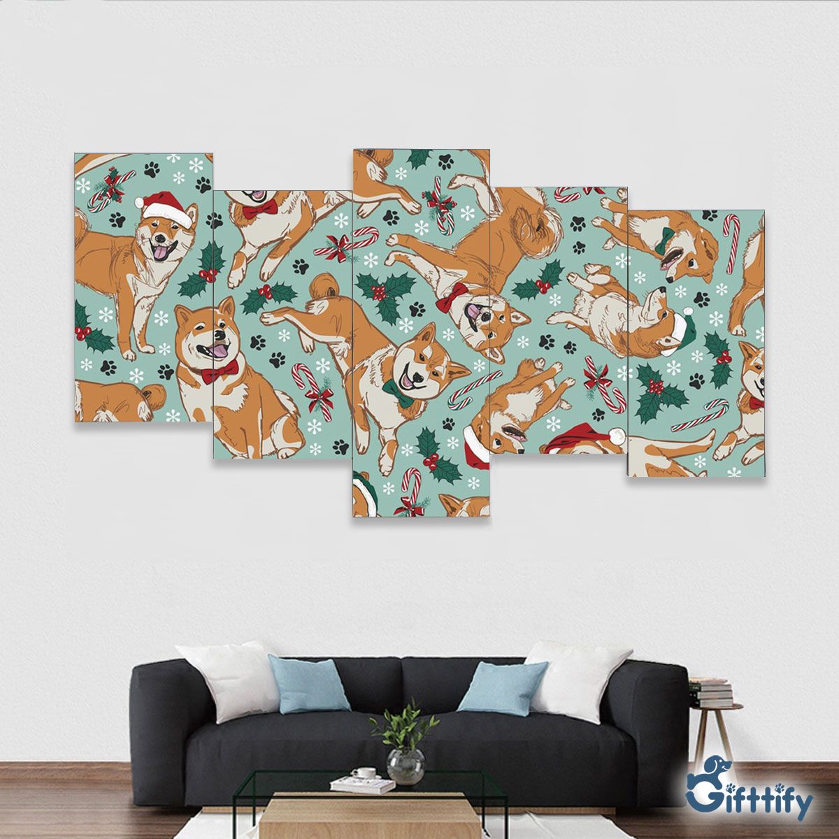 Funny Shiba Christmas With Candy Cane And Santa Hat Framed Five-Piece Mural