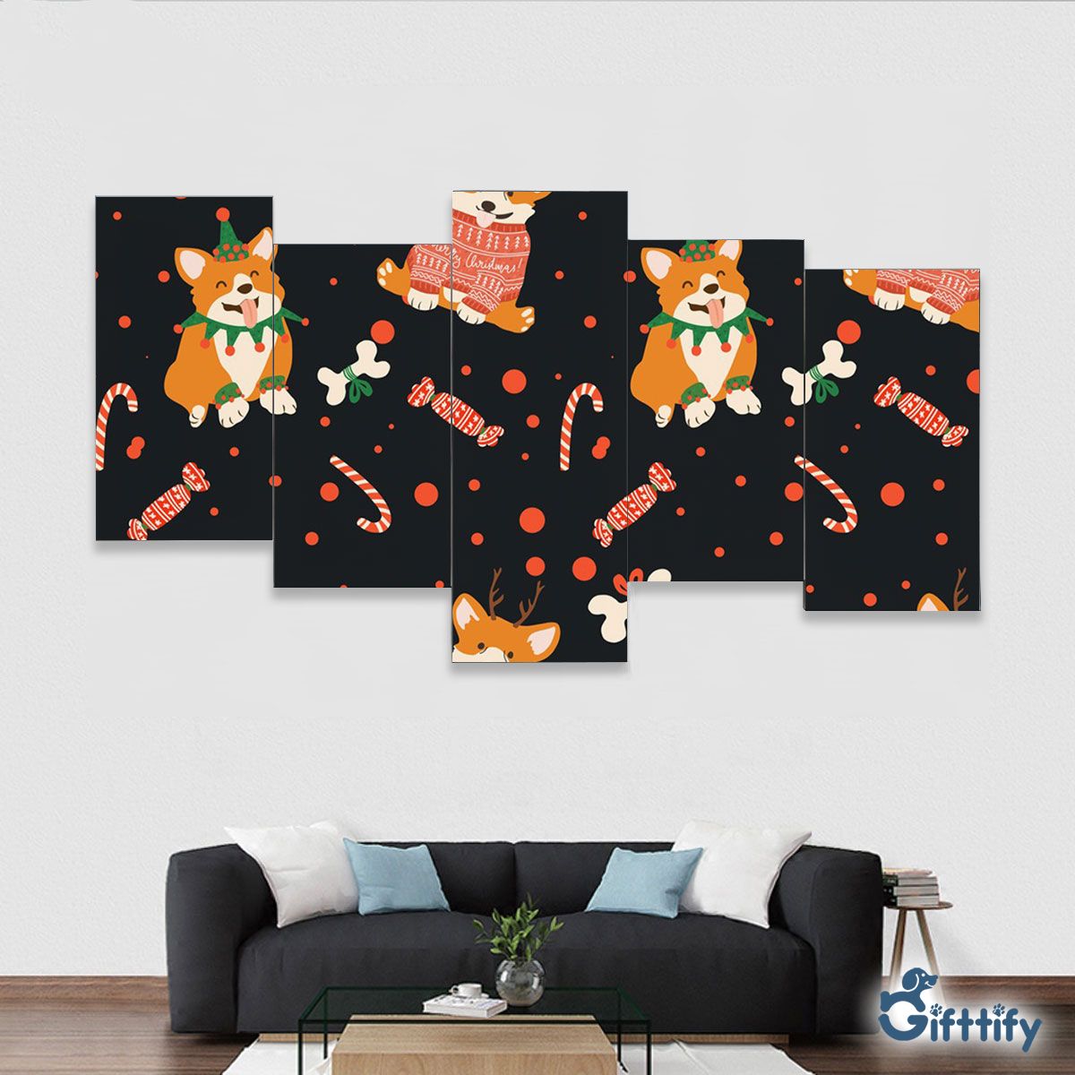 Lovely Corgi Christmas With Candy Cane And Bone Framed Five-Piece Mural