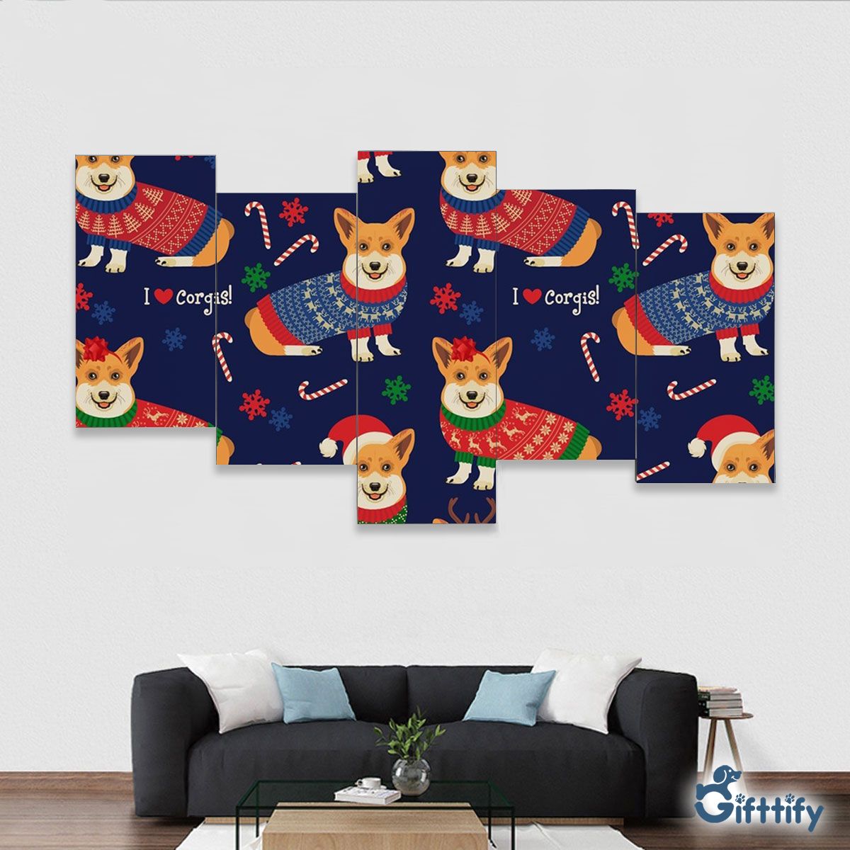 Lovely Corgi Christmas With Santa Hat And Candy Cane Framed Five-Piece Mural