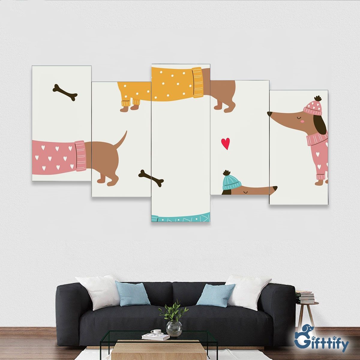 Lovely Dachshund Christmas With Bone And Heart Framed Five-Piece Mural