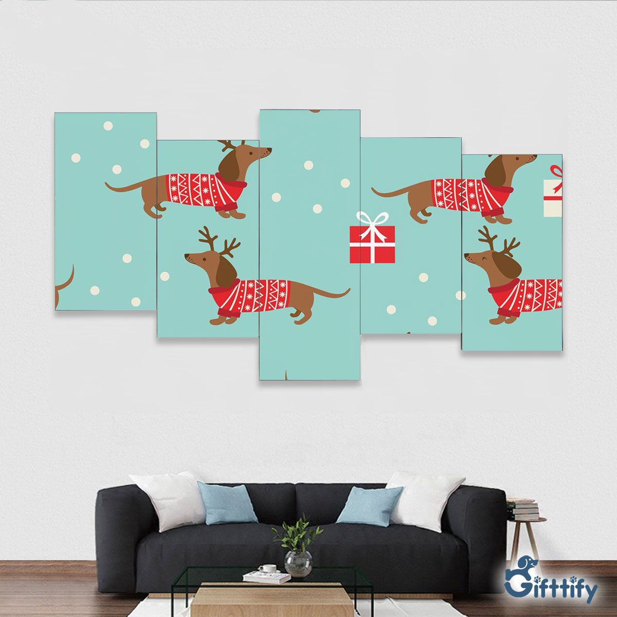 Lovely Dachshund Christmas With Santa Gift And Snow Framed Five-Piece Mural