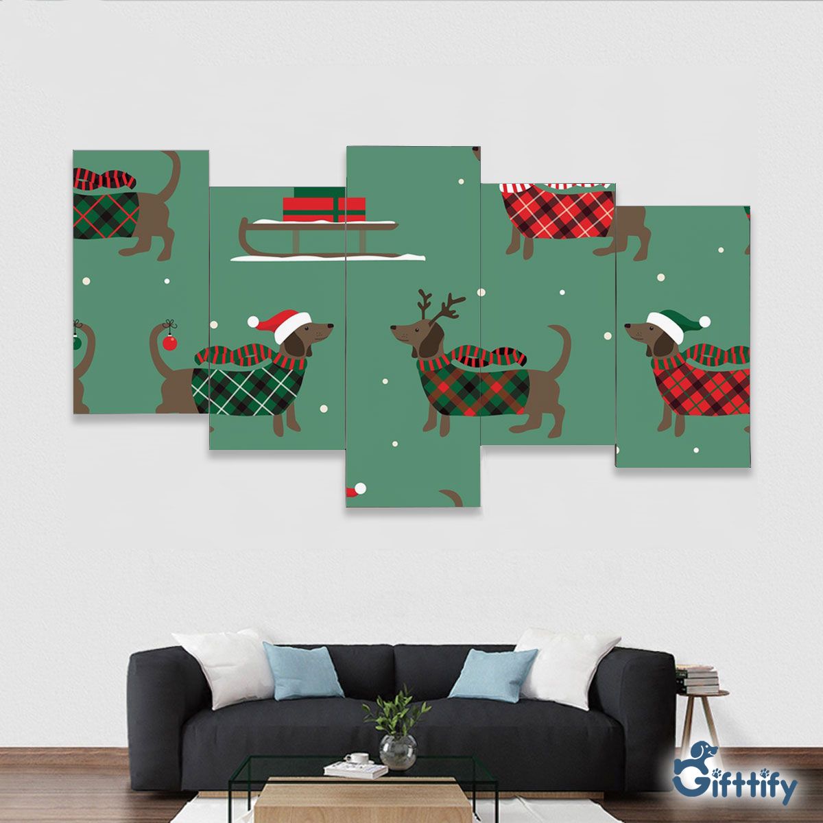 Lovely Dachshund Christmas With Santa Hat And Gifts Framed Five-Piece Mural