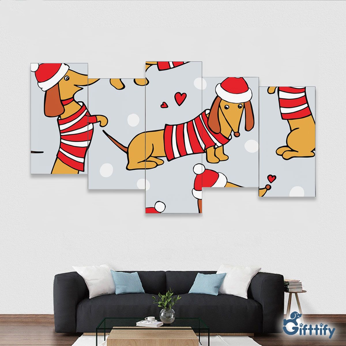 Lovely Dachshund Christmas With Santa Hat And Snow Framed Five-Piece Mural