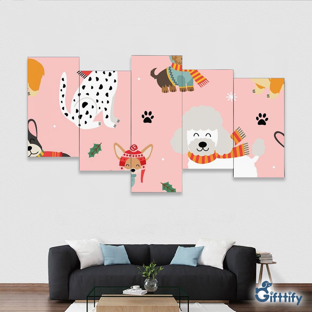 Lovely Dogs Christmas With Dog Paw And Snow Framed Five-Piece Mural