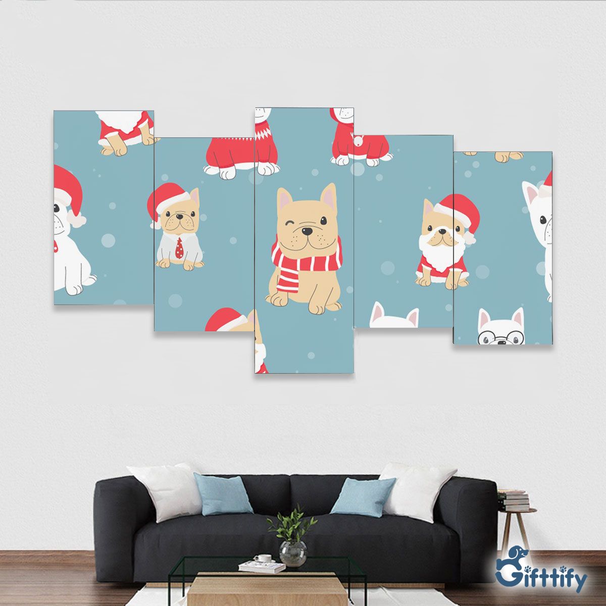 Lovely Pug Christmas With Santa Hat And Snow Framed Five-Piece Mural