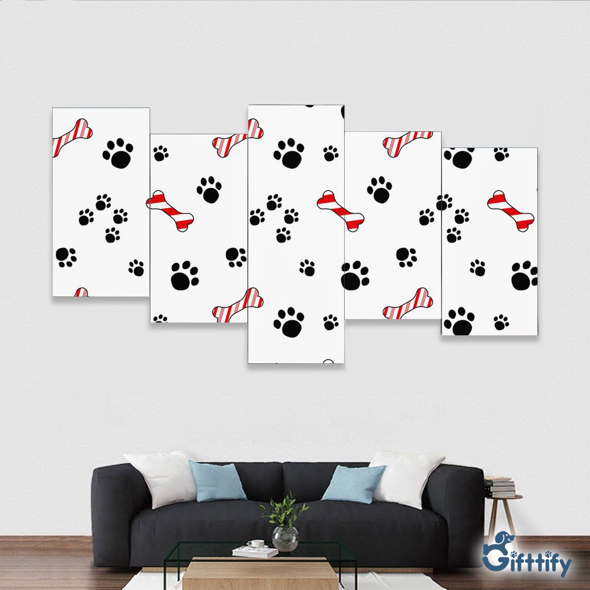 Merry Christmas With Bone And Dog Paw Framed Five-Piece Mural