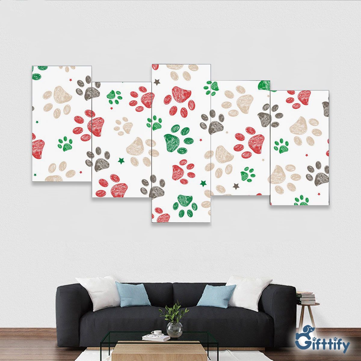 Merry Christmas With Full Colors Dog Paw Framed Five-Piece Mural