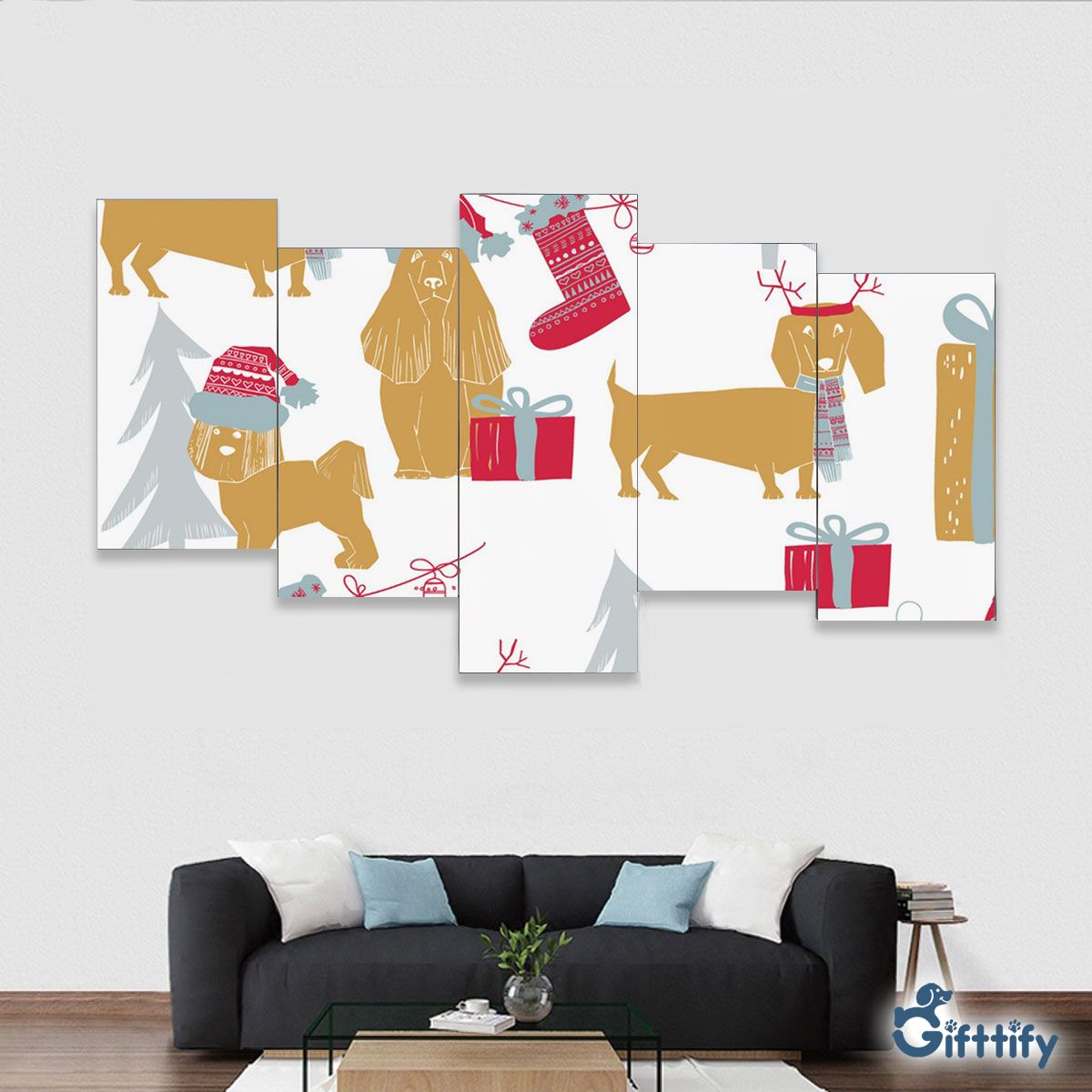 Yellow Dogs Chirtsmas With Pine Tree And Santa Gifts Framed Five-Piece Mural