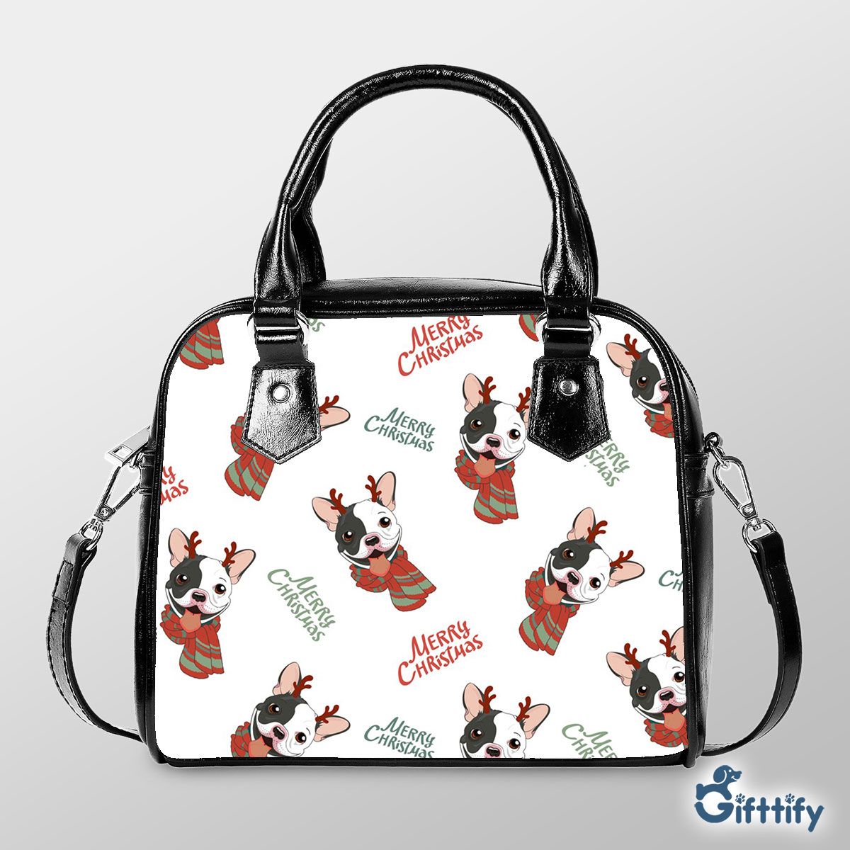 Cute Bull Dog Christmas With Santa Clothing Shoulder Strap Handbag