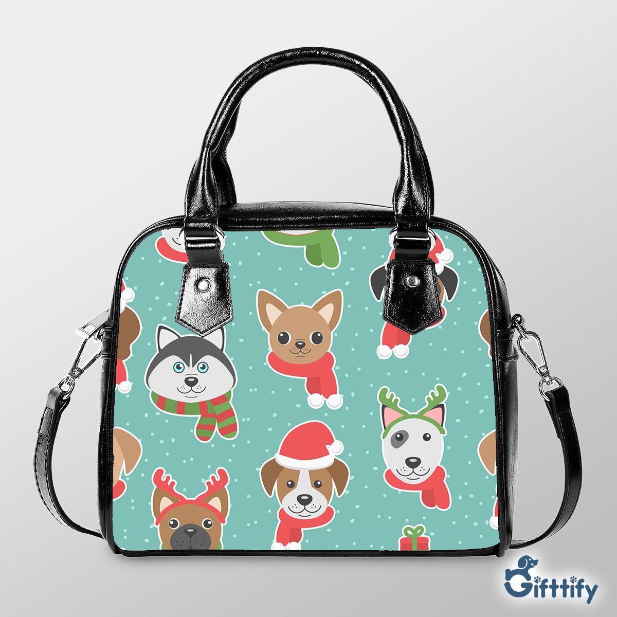 Cute Dog Christmas In Santa Clothing And Snow Shoulder Strap Handbag