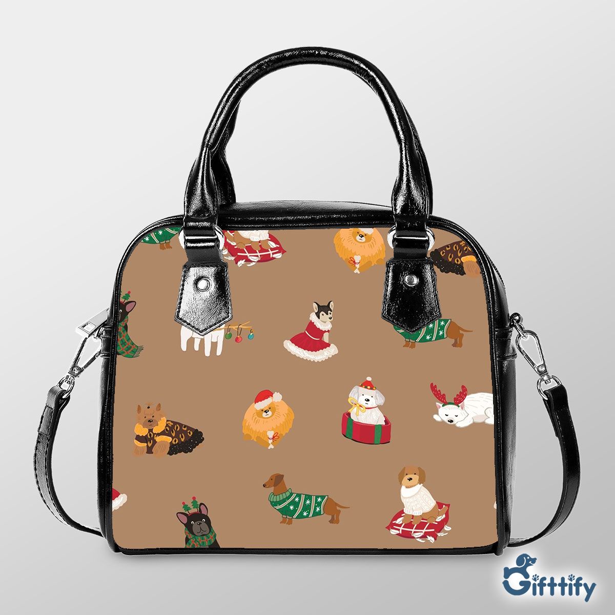 Cute Dog In Christmas Clothing Shoulder Strap Handbag