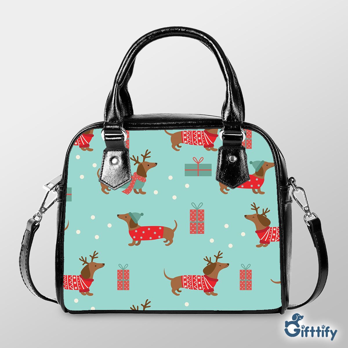 Funny Dachshund With Christmas Clothing And Santa Gifts Shoulder Strap Handbag