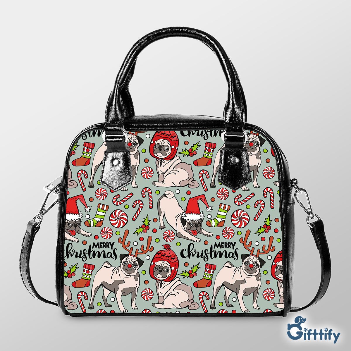 Funny Pug Chirtsmas With Candy Cane And Pine Tree Shoulder Strap Handbag