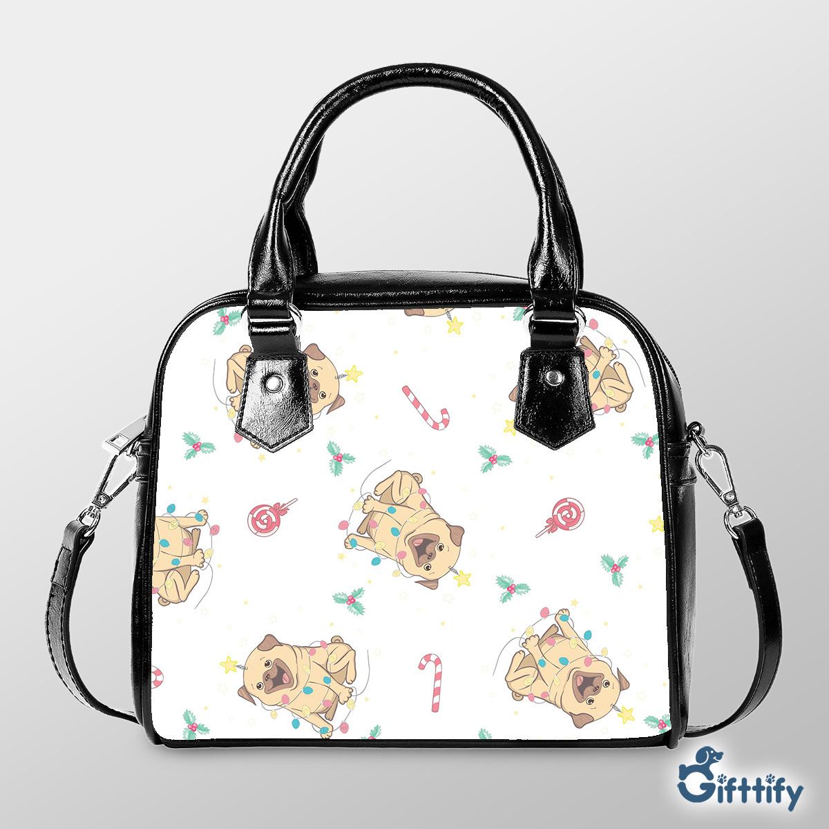 Funny Pug Christmas With Candy Cane And Pine Tree Shoulder Strap Handbag