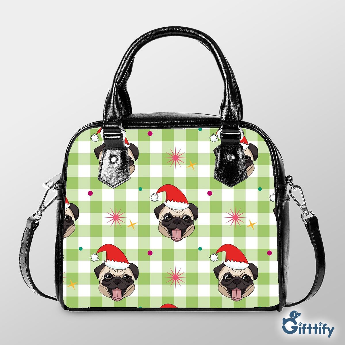 Funny Pug Christmas With Santa Hat And Tartan Background Shoulder Strap Handbag