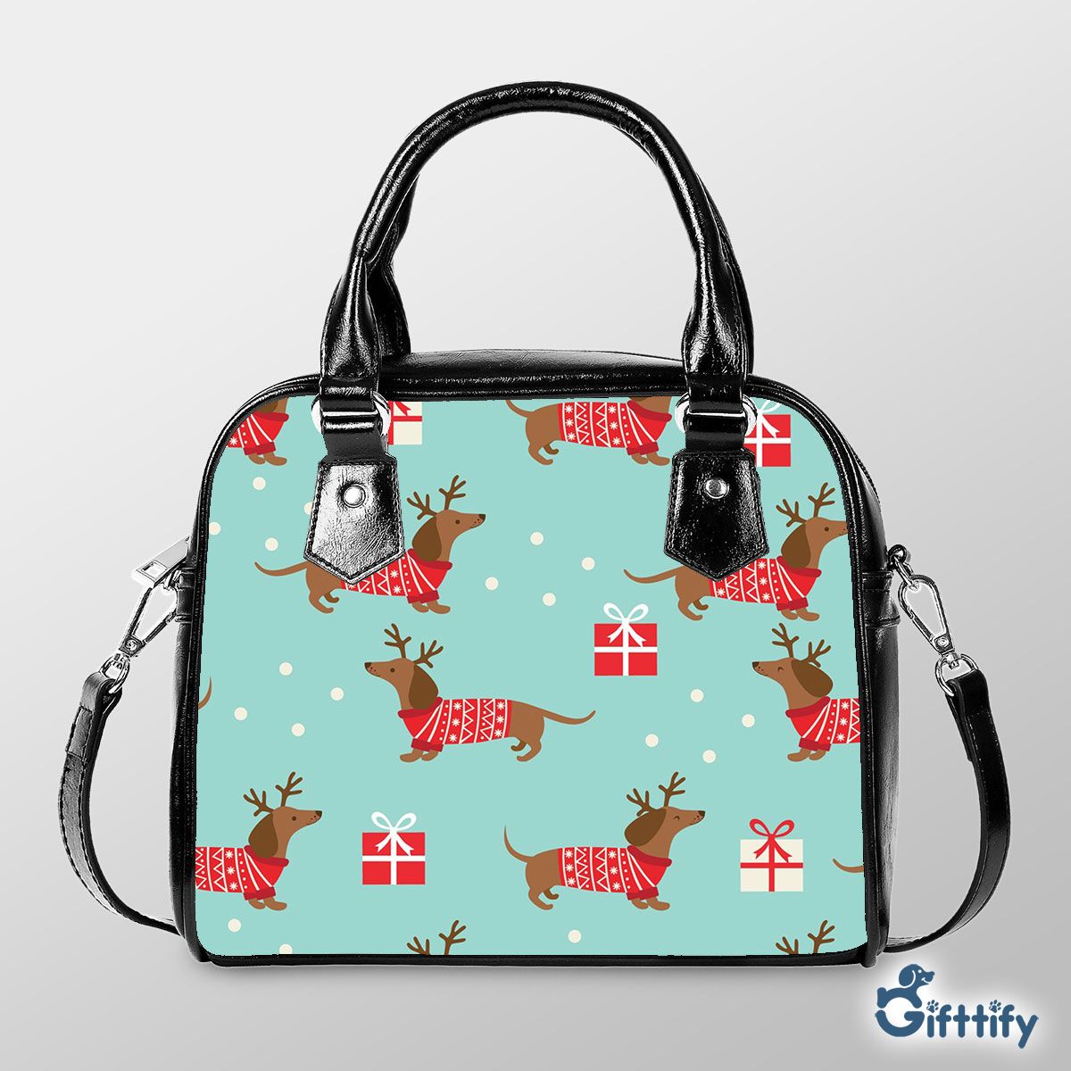 Lovely Dachshund Christmas With Santa Gift And Snow Shoulder Strap Handbag