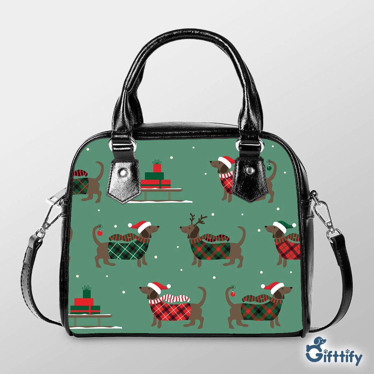 Lovely Dachshund Christmas With Santa Hat And Gifts Shoulder Strap Handbag