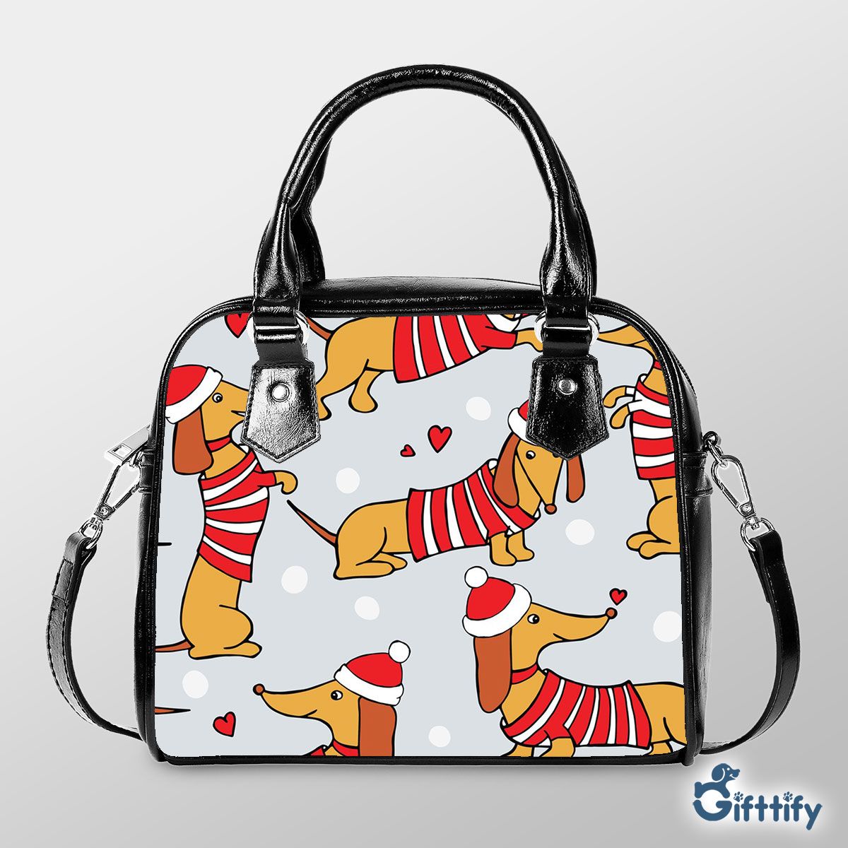 Lovely Dachshund Christmas With Santa Hat And Snow Shoulder Strap Handbag