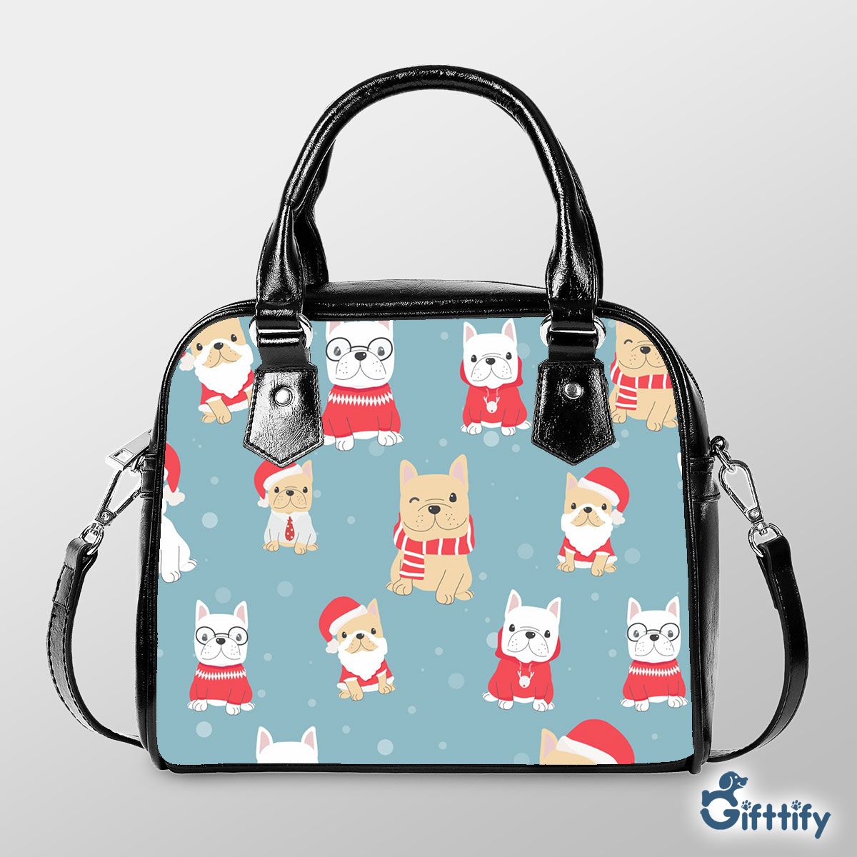 Lovely Pug Christmas With Santa Hat And Snow Shoulder Strap Handbag