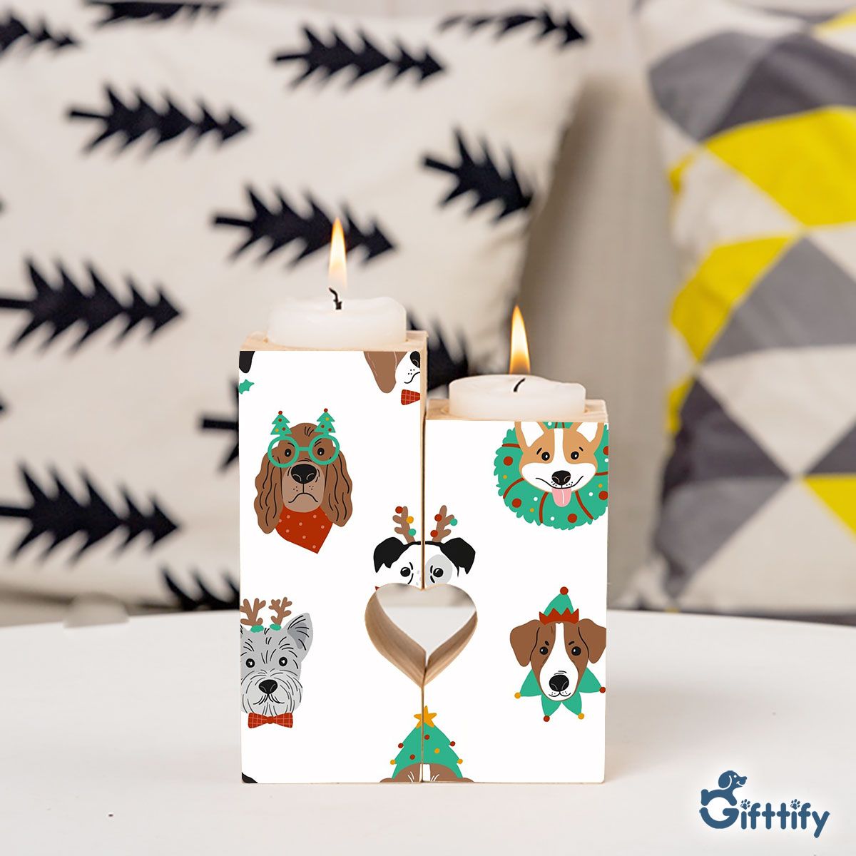 Funny Dogs With Christmas Clothing Seamless Pattern Heart Wooden Candlestick | Wooden