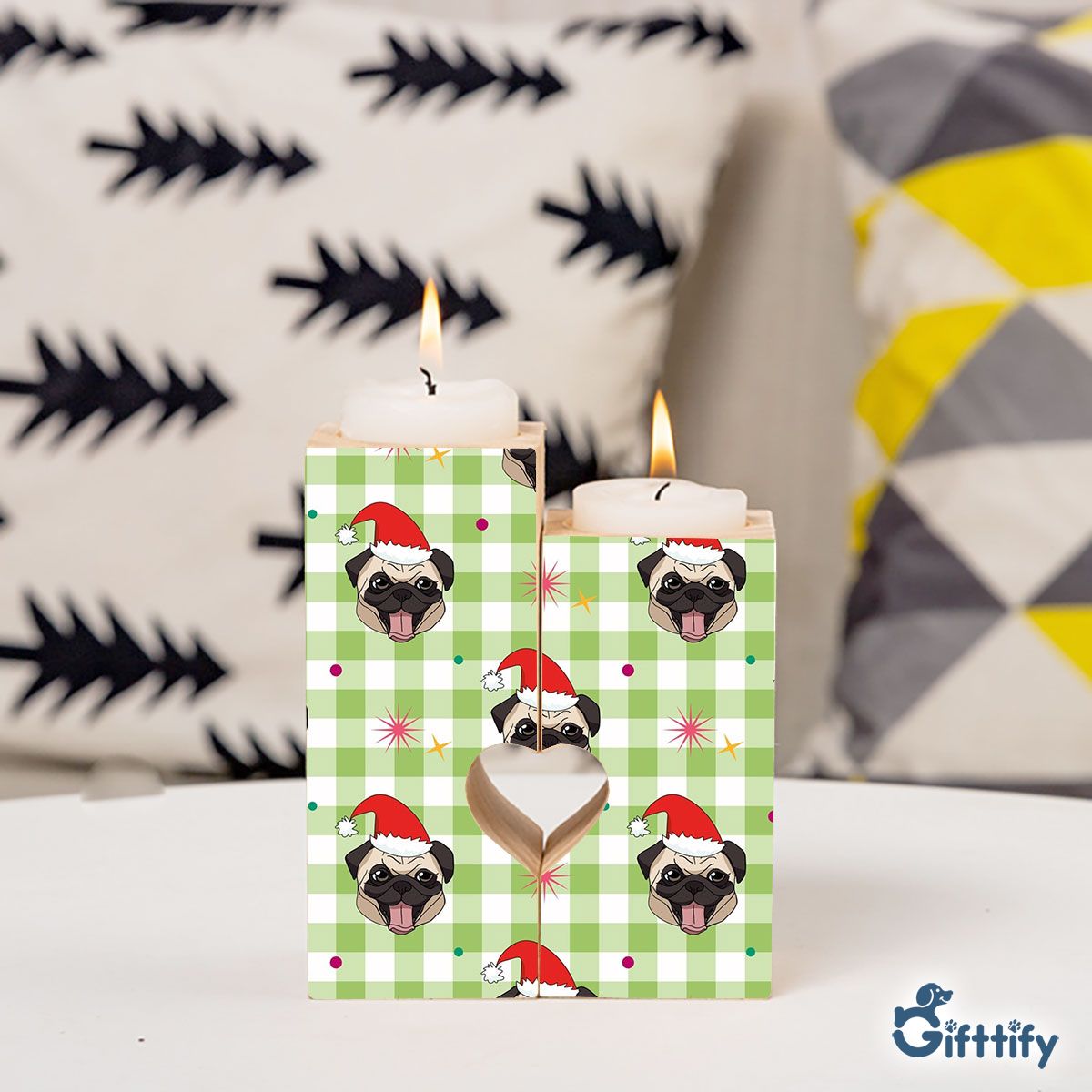 Funny Pug Christmas With Santa Hat And Tartan Background Heart Wooden Candlestick | Wooden