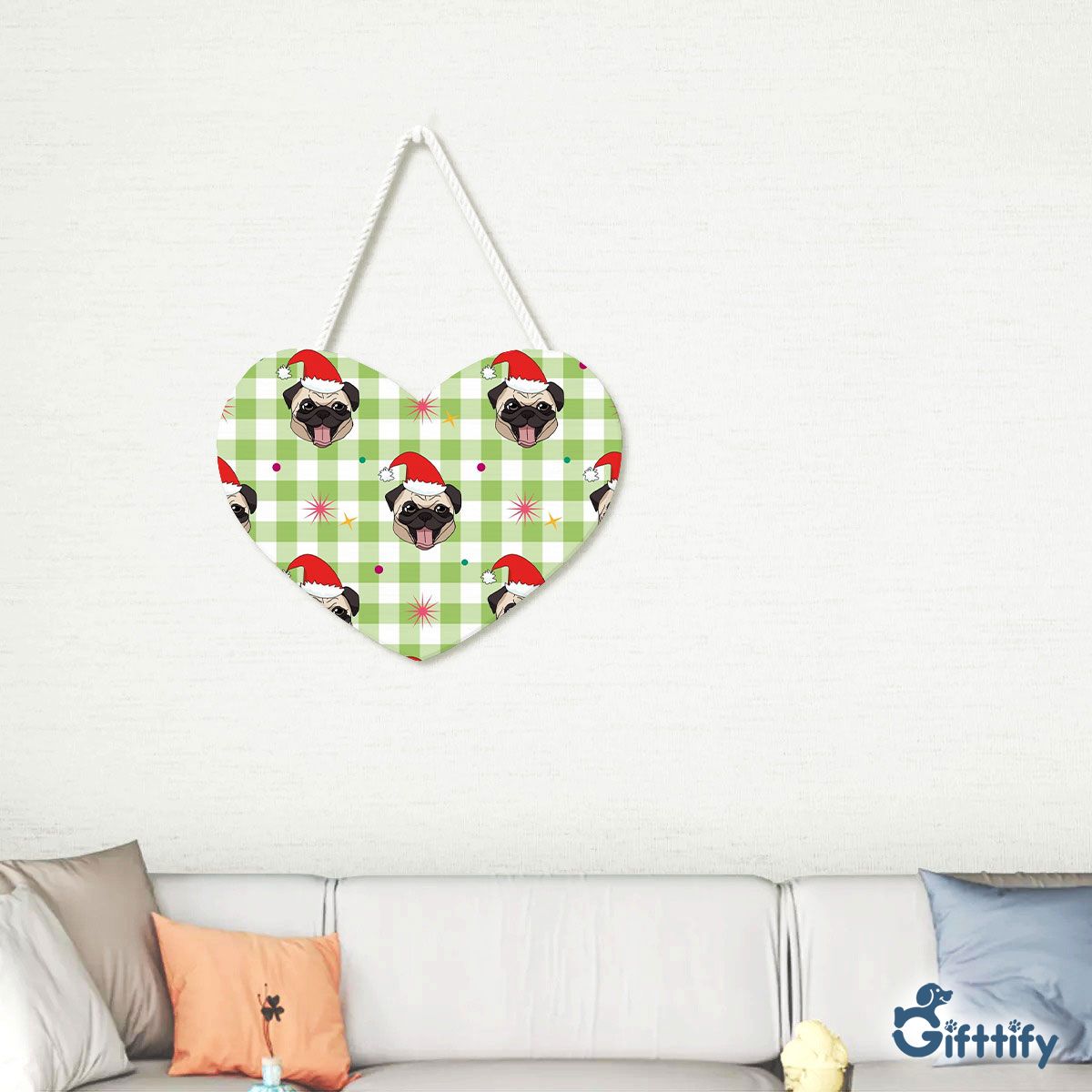 Funny Pug Christmas With Santa Hat And Tartan Background Heart-Shaped Tablet