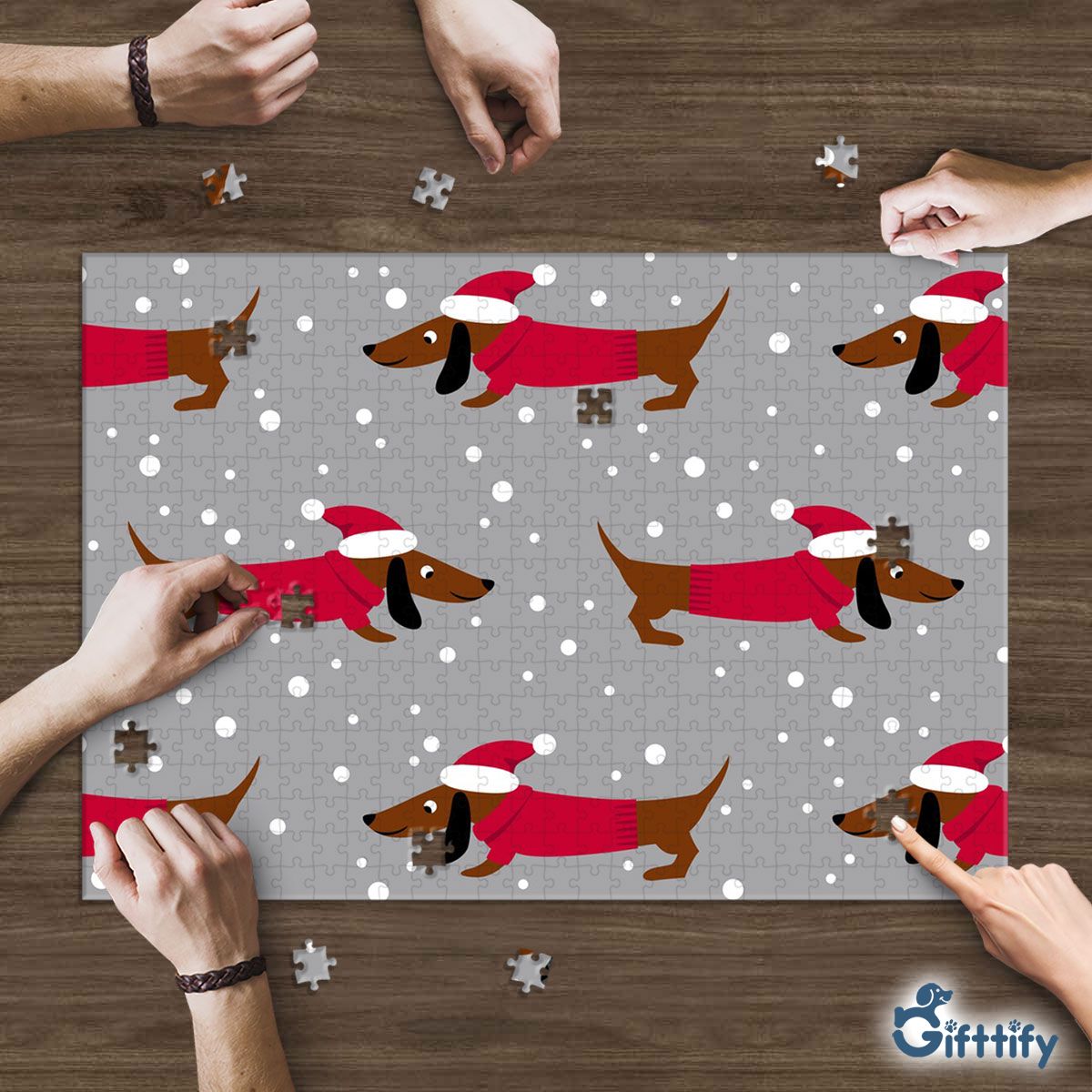 Dachshund Christmas In Santa Clothing With Snow Puzzle