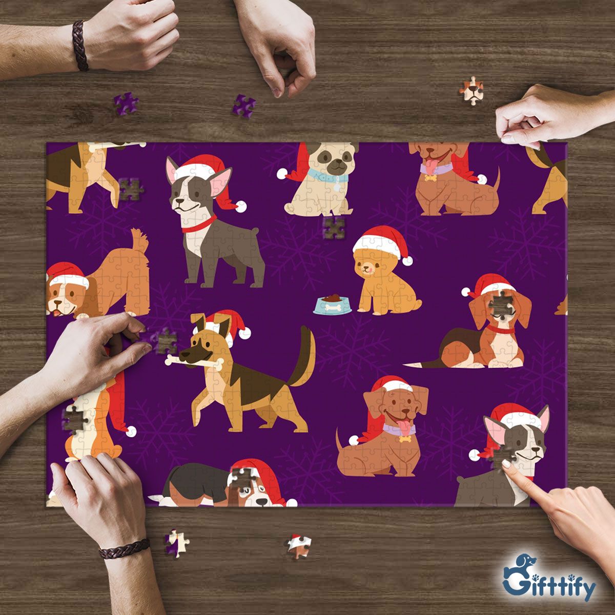 Funny Dogs Christmas With Santa Hat And Snow Puzzle