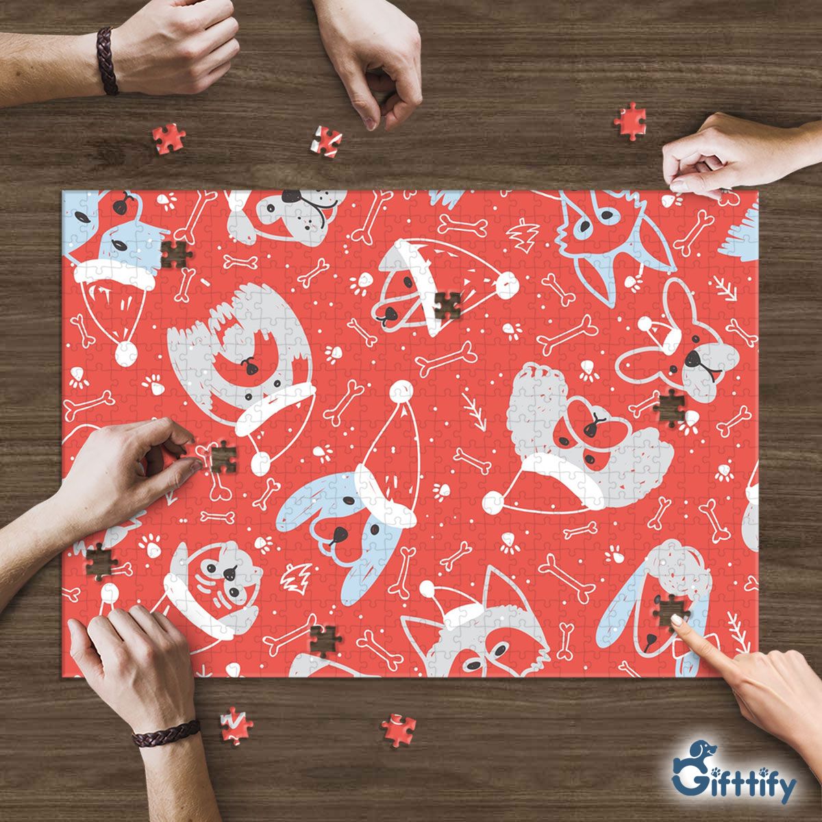 Funny Dogs Christmas With Santa Hat In Red Backgound Puzzle