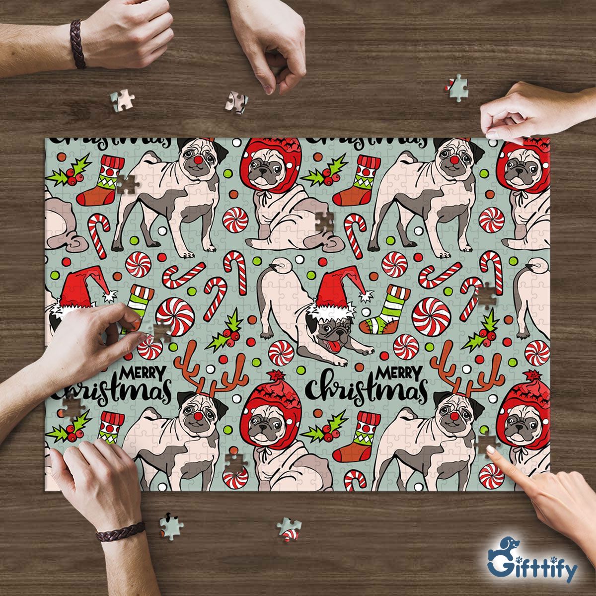 Funny Pug Chirtsmas With Candy Cane And Pine Tree Puzzle