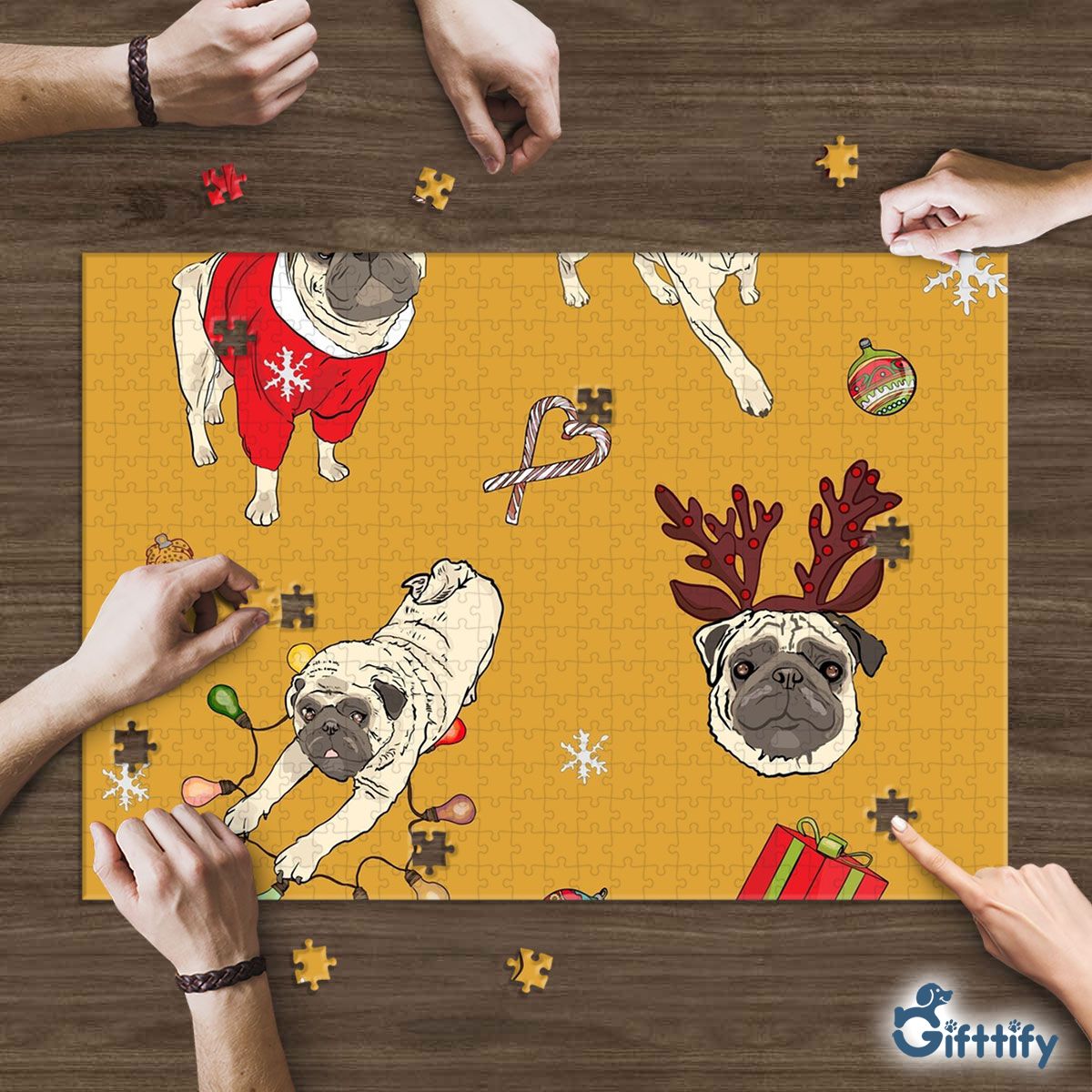 Funny Pug Christmas With Candy Cane And Santa Gift Puzzle