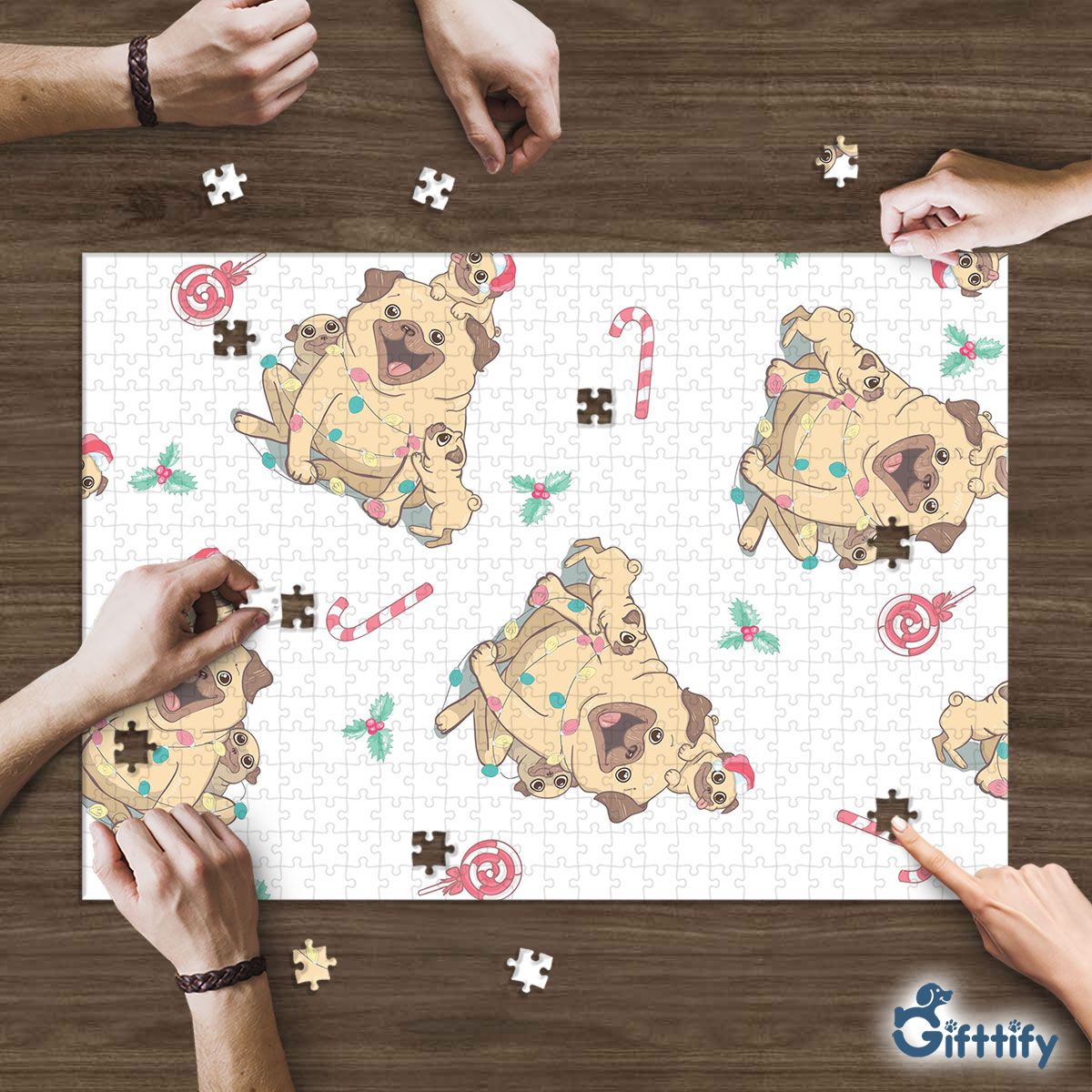 Funny Pug Christmas With Pine Tree And Candy Cane Puzzle