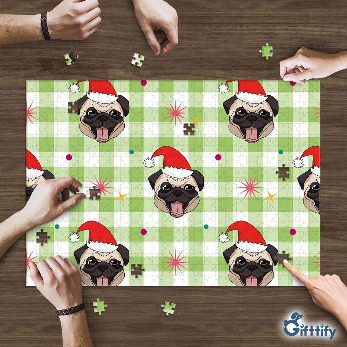 Funny Pug Christmas With Santa Hat And Tartan Background Puzzle