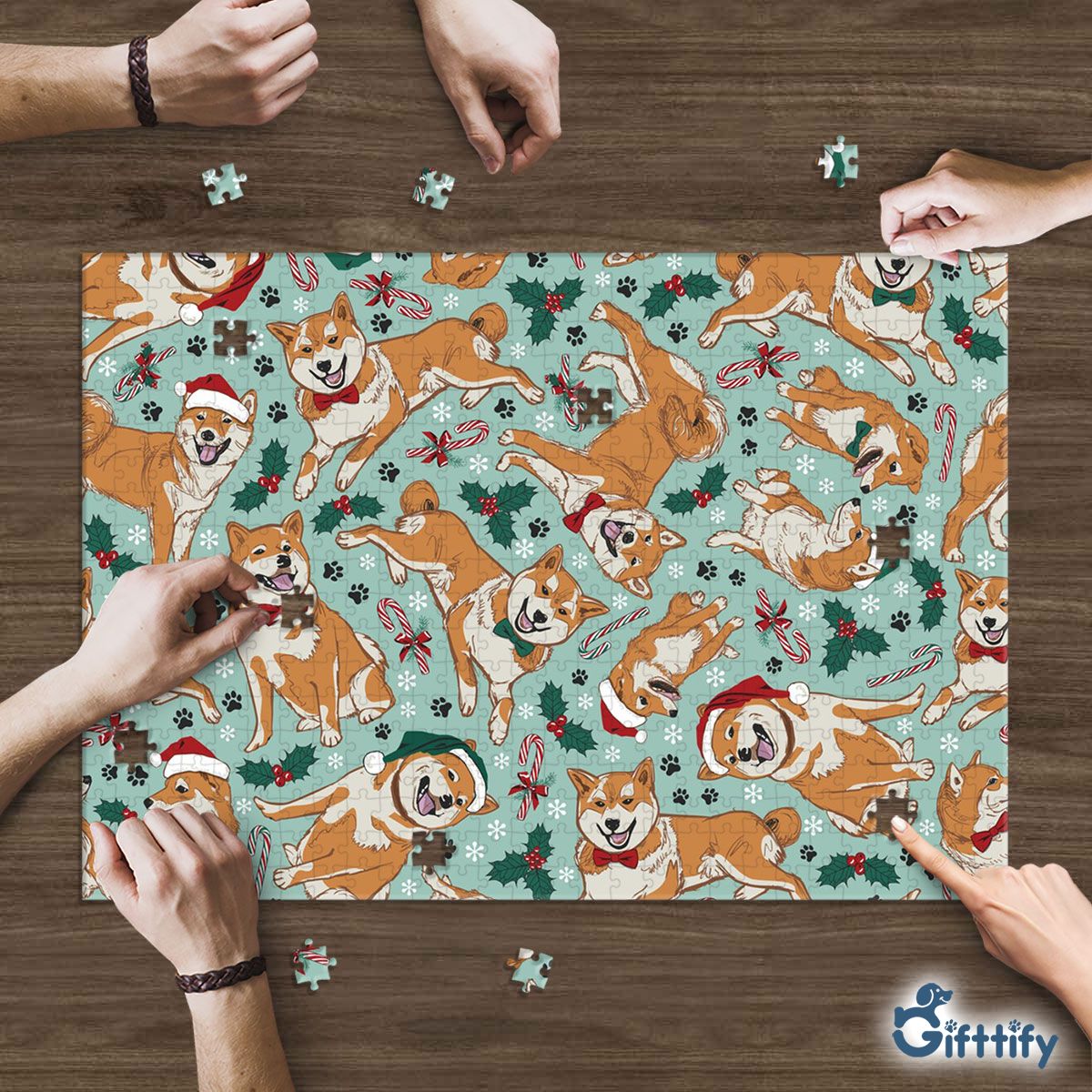 Funny Shiba Christmas With Candy Cane And Santa Hat Puzzle