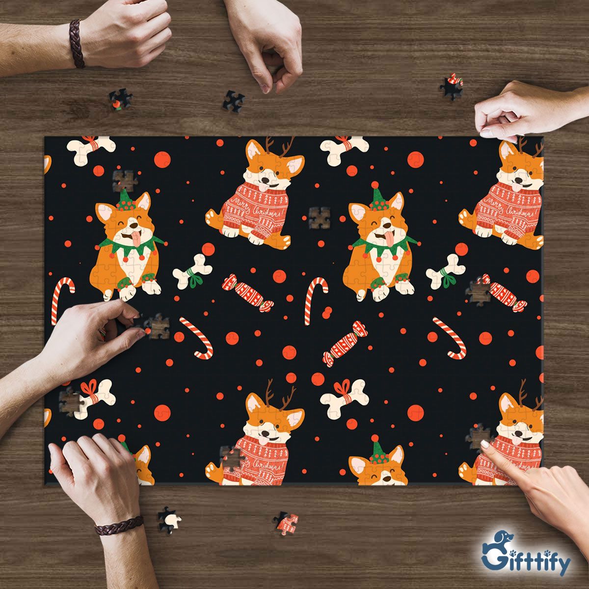 Lovely Corgi Christmas With Candy Cane And Bone Puzzle