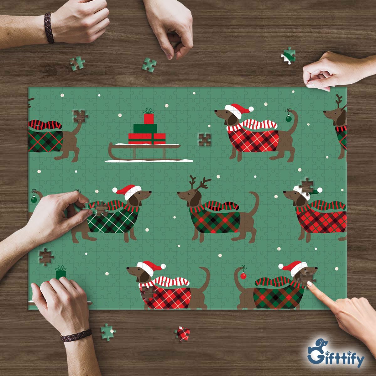 Lovely Dachshund Christmas With Santa Hat And Gifts Puzzle