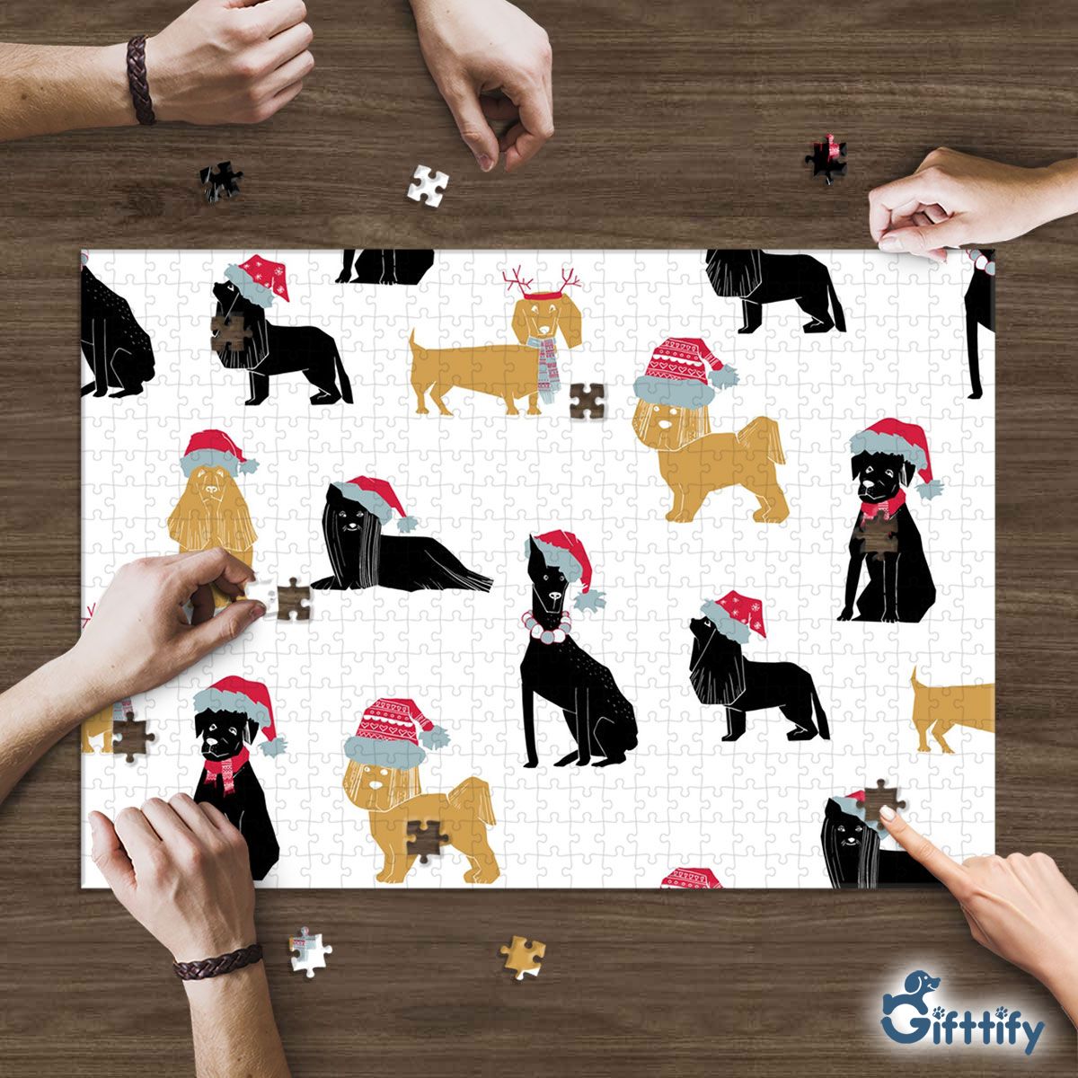 Yellow And Back Dogs Christmas With Santa Hat Puzzle