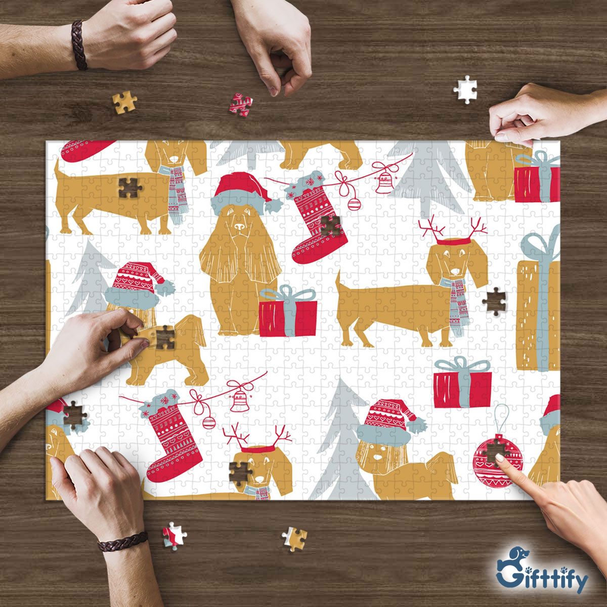 Yellow Dogs Chirtsmas With Pine Tree And Santa Gifts Puzzle