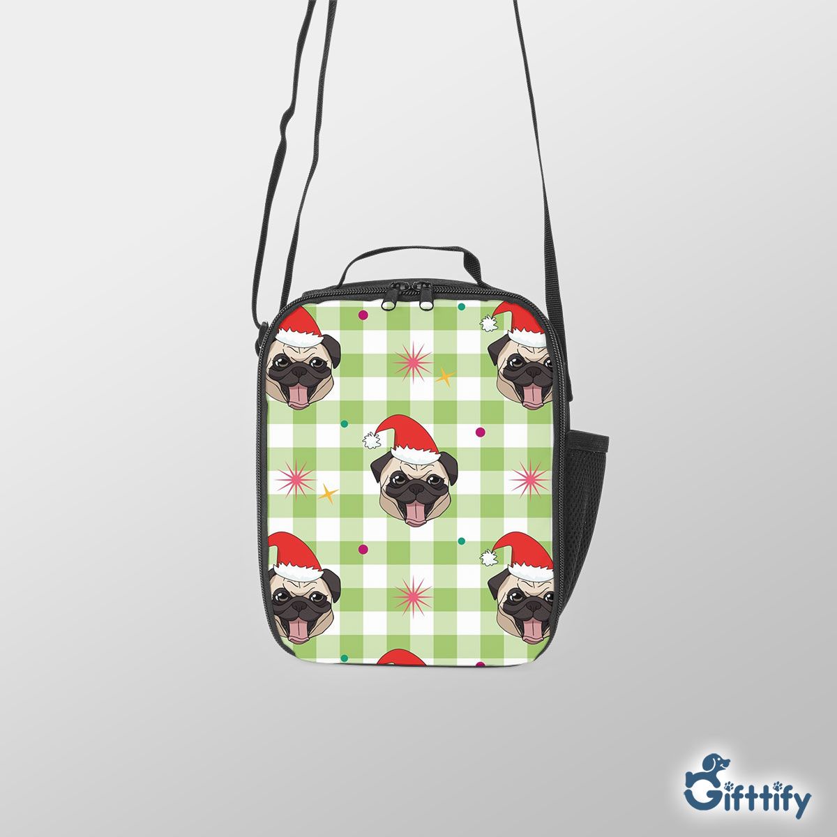 Funny Pug Christmas With Santa Hat And Tartan Background Lunch Box Bag